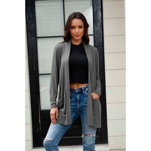 Basic Bae Charcoal Gray Open Front Long Sleeve Knit Cardigan Cover Pockets